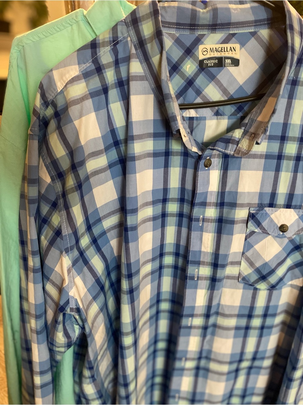 Bundle  3X Magellan Outdoors Men’s Blue and Light Green Plaid Button-Down Shirts